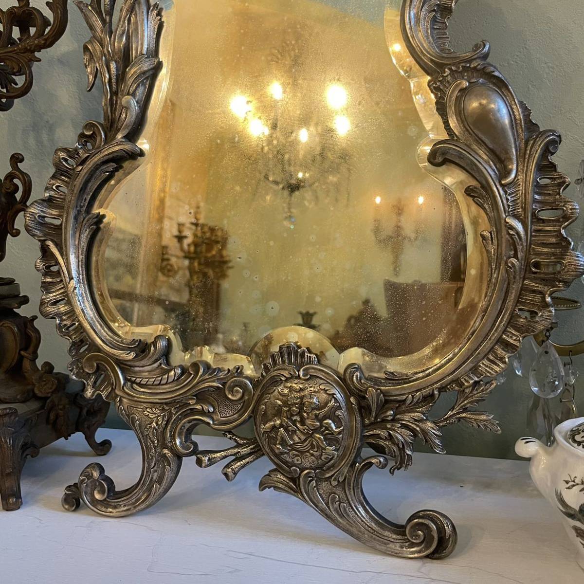 フランスアンティーク　ミラー　スタンドミラー　シルバープレート　アンティークミラー　ルイ15世様式　ロココ様式　アンティーク　鏡_画像8