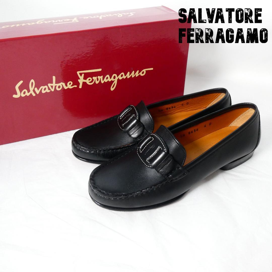 未使用 Salvatore Ferragamo サルヴァトーレフェラガモ ヴァラ レザー ステッチ ラウンドトゥ ローファー 革靴 4D 約21.5㎝ 黒 ブラック