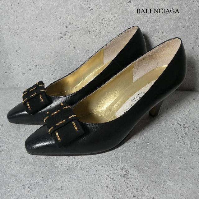 未使用 BALENCIAGA バレンシアガ サイズ35 レザー×ベロア パンプス リボン スクエアトゥ ハイヒール 黒 ブラック_画像1