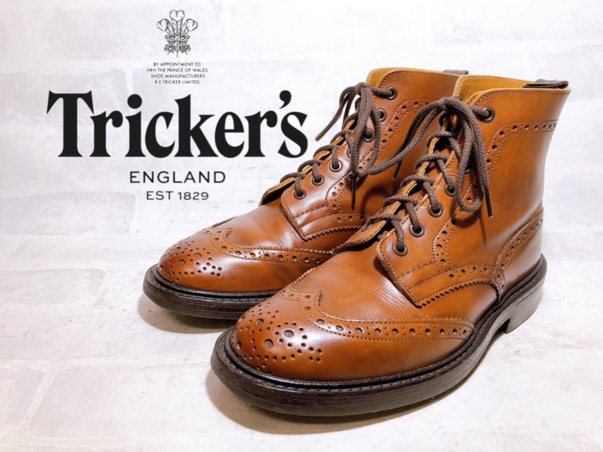 【美品】Tricker's トリッカーズ 高級 カントリーブーツ 茶 本革 レザー UK7.5-5（約26cm）イギリス製 メンズ_画像1