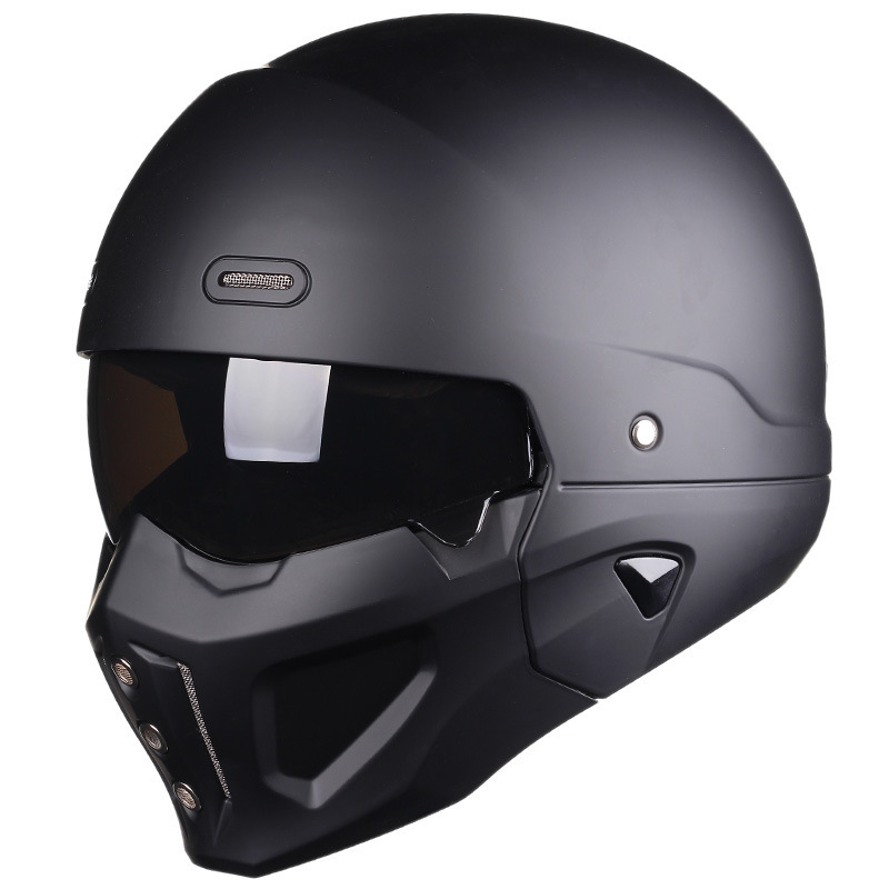 多機能ヘルメットバイクヘルメット フルフェイス ハーフヘルメット ハーレーレトロコンビネーションヘルメット マットブラック-L