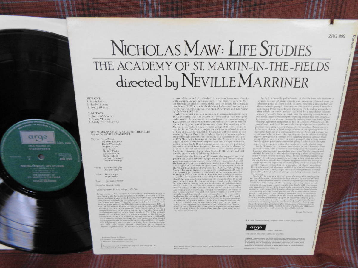 L#3821◆LP◆ ニコラス・モー ライフ・スタディーズ マリナー アカデミー室内管弦楽団 UK盤 Nicholas MAW Life Studies Argo ZRG.899_画像2