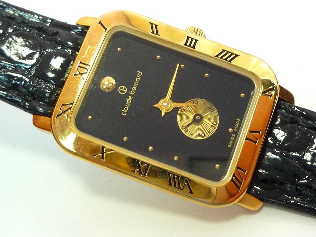 参考85,000円 Claude Bernard クロードベルナール 高級感 腕時計 未使用 レディース スイス製 ベルトレザーワニ革 ROVENTA 金縁 黒_P1_画像5
