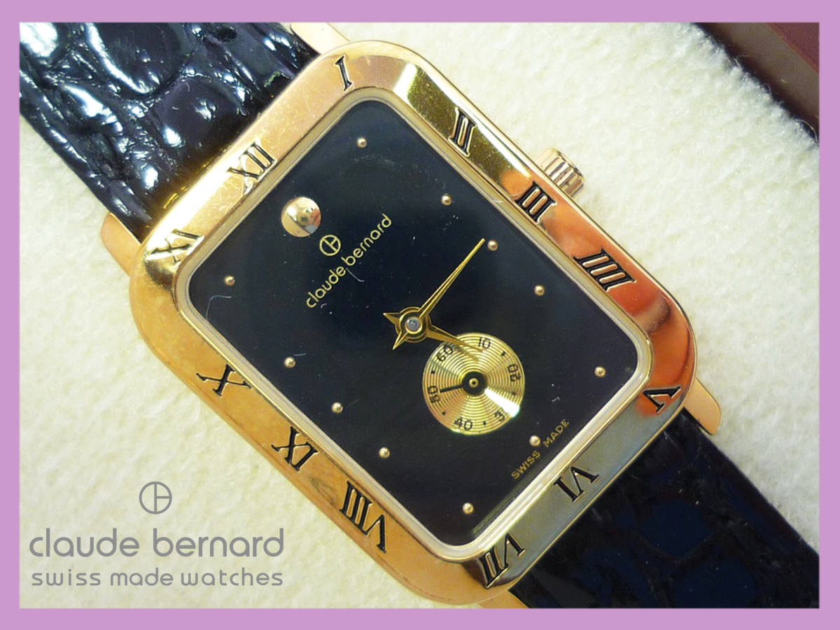 参考85,000円 Claude Bernard クロードベルナール 高級感 腕時計 未使用 レディース スイス製 ベルトレザーワニ革 ROVENTA 金縁 黒_P1