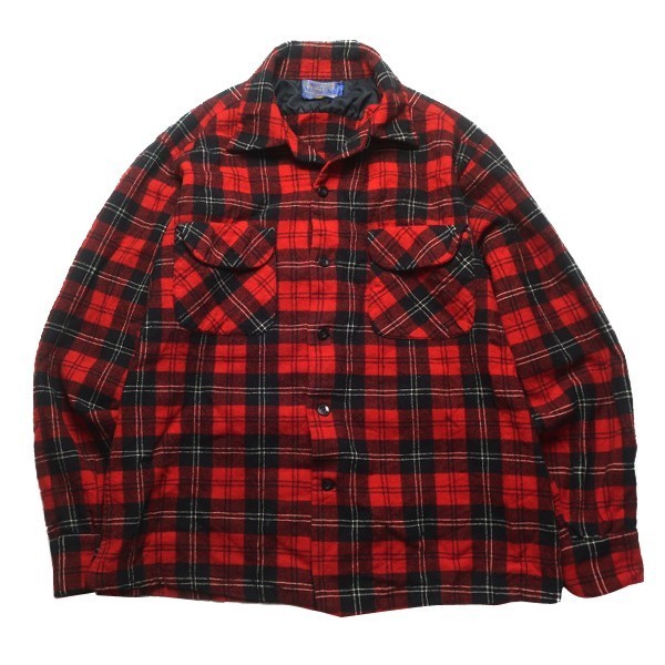 ヴィンテージ! 50s USA製 PENDLETON ペンドルトン チェック柄 オープンカラー 長袖 ウール ネルシャツ レッド ブラック 赤 黒 白 M メンズ