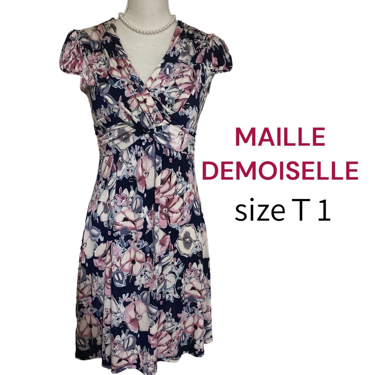 美品マドモアゼルの綺麗な花柄ジャージーワンピース　サイズＴ1、S、7号　MAILLE DEMOISELLE_画像1