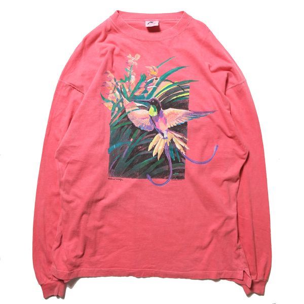 90's USA製 アニマル プリント コットン ロングスリーブ Tシャツ (XXL) ピンク系 ロンT 動物 鳥 バード 90年代 アメリカ製 旧タグ オールド_画像1
