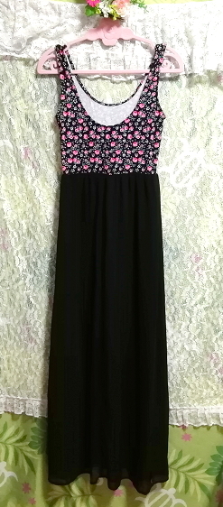 ピンク花柄トップス黒シフォンネグリジェロングスカートマキシワンピース Pink floral pattern black chiffon negligee skirt maxi dress