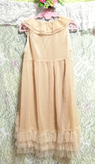 亜麻色裾レースシフォンノースリーブネグリジェチュニックワンピース Flax color lace chiffon negligee sleeveless tunic dress