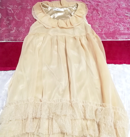 亜麻色裾レースシフォンノースリーブネグリジェチュニックワンピース Flax color lace chiffon negligee sleeveless tunic dress