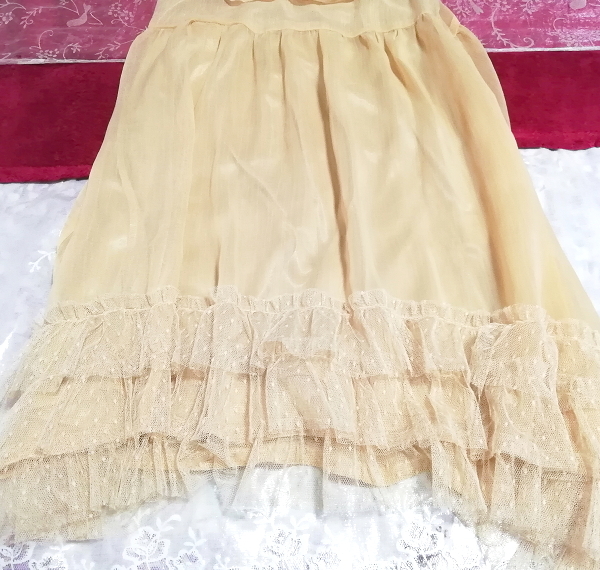 亜麻色裾レースシフォンノースリーブネグリジェチュニックワンピース Flax color lace chiffon negligee sleeveless tunic dress