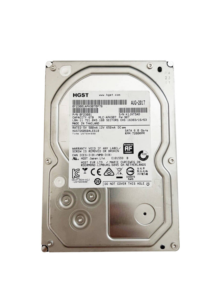 【中古パーツ】3.5 SATA 6TB 1台 正常 HGST HDN726060ALE610 使用時間10638H ■HDD3222