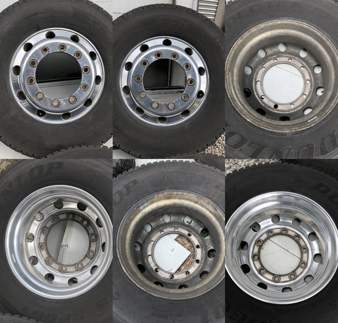 アルミホイール トレーラー用 バスダンプ 22.5ⅹ8.25 165 ヨコハマ295/80R22.5 153/150J ダンロップ 11R22.5 16PR 22.5×7.50 162 10穴 6本_画像2