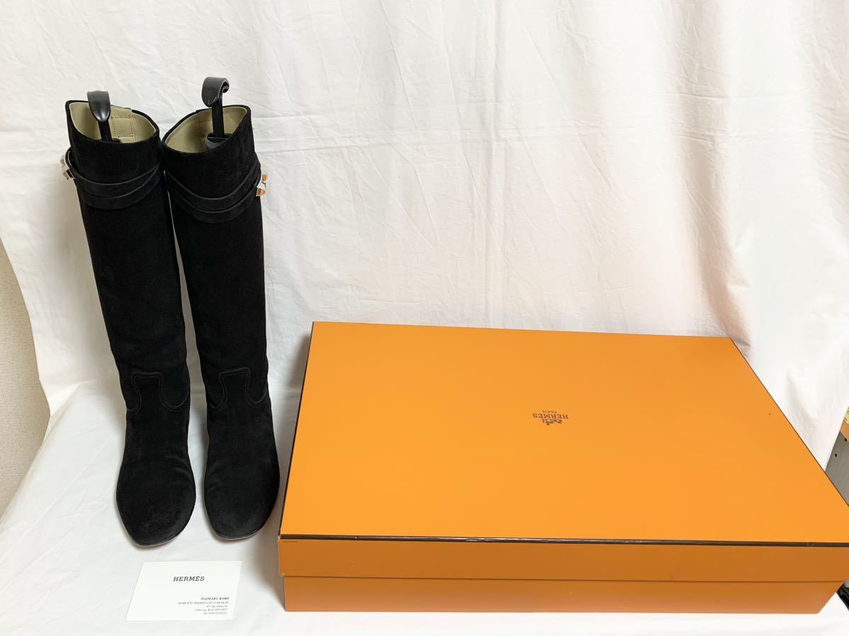 希少 美品 エルメス HERMES メドール シルバー金具 スエード スウェード レザー ベルト ロング ブーツ 35 1/2 22cm～22.5cm 黒 レディース_画像2