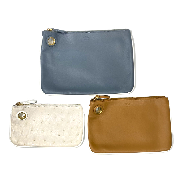 FENDI Fendi 8BS001tolip let pouch clutch bag Ostrich Gold metal fittings leather ivory Brown blue 