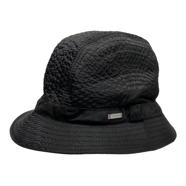 PRADA プラダ 帽子 バケットハット 小物 アクセサリー ロゴ ナイロン ブラック 黒 Lサイズ