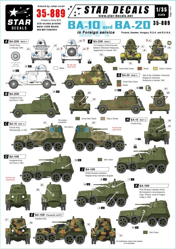 スターデカール 35-889 1/35 ソ連以外のBA-10,BA-20装甲車 フィンランド, ハンガリー,スウェーデン, ROA, RONA_画像1