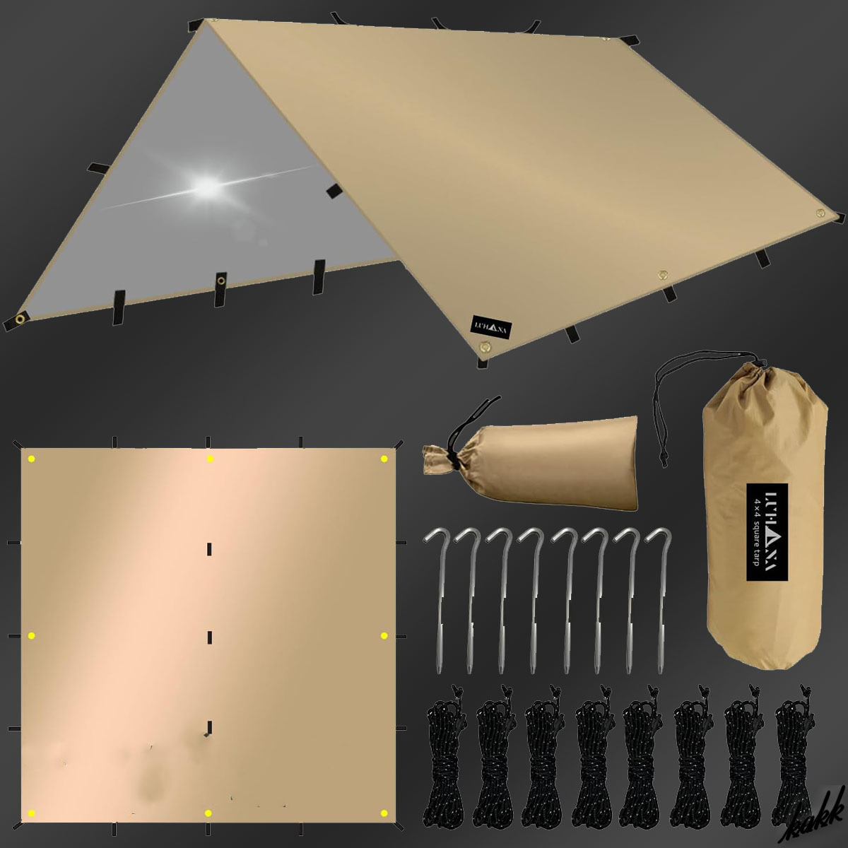 【テントのようにも張れる】 スクエアタープ 400×400m リップストップ加工 シルバーコーティング キャンプ アウトドア サンドベージュ