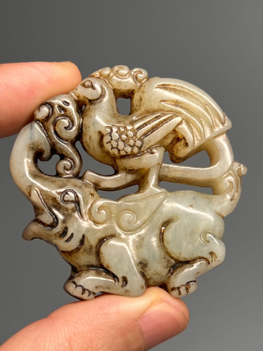 時代物 古白玉 象と鳳 玉佩 根付 收集品 美品 両面彫り 手彫り 中国