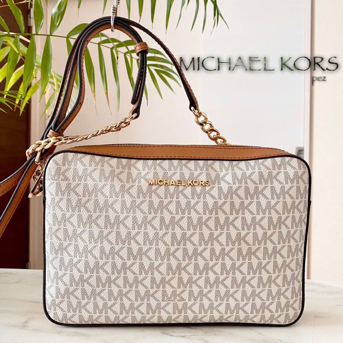 新品同様 MICHAEL KORS マイケルコース レザーショルダーバッグ＊レディース 牛革 本革 ブラウン 茶 肩掛け 斜め掛け カメラバッグ 美品