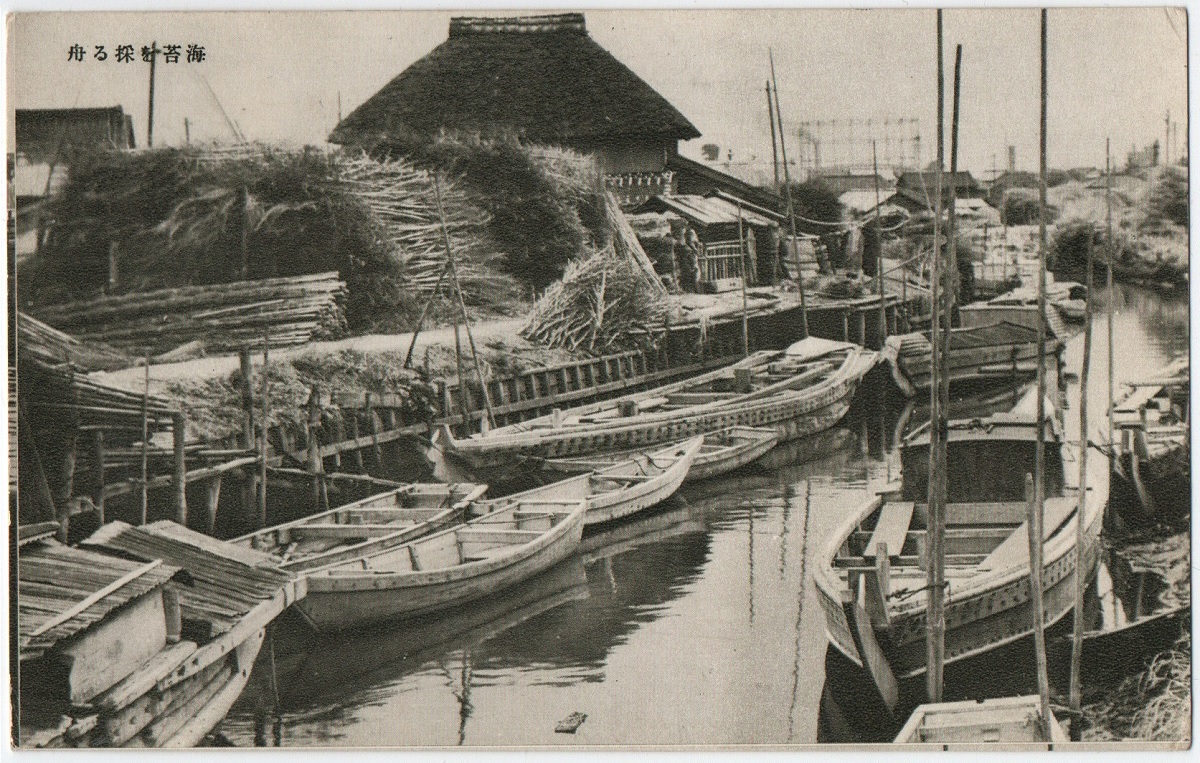 戦前 絵葉書「海苔を採る舟」大森町外れの風景 浅草海苔 大森海岸 大森風景 古写真 風景 景色 街並み 歴史資料_画像1