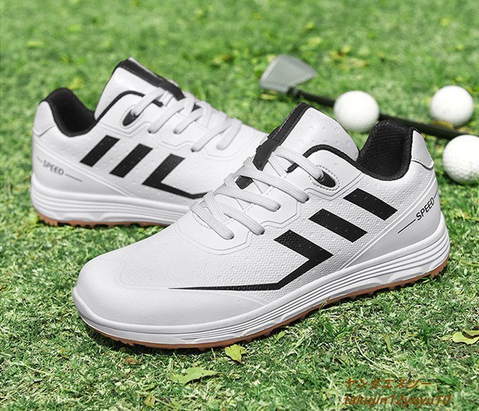 新品セール◆ゴルフシューズ Golf shoes メンズ スニーカー 運動靴スポーツシューズ 紳士 グラデーション幅広 防滑 撥水 耐磨 白/黒 25.5cm_画像1