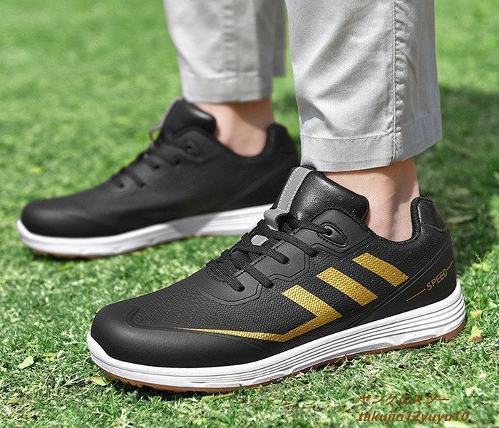 【予約販売】本 運動靴スポーツシューズ スニーカー メンズ shoes Golf 新品セール◆ゴルフシューズ 紳士 24.0cm 黒/金 耐磨 撥水 防滑 グラデーション幅広 24.0cm