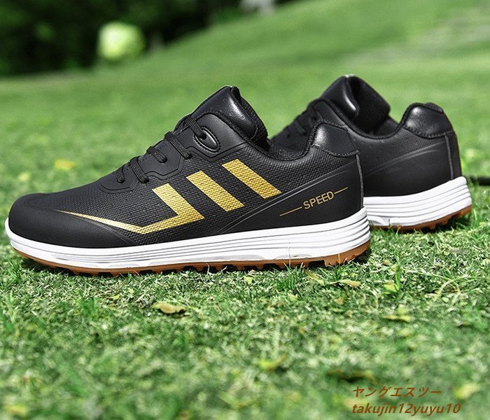 新品セール◆ゴルフシューズ Golf shoes メンズ スニーカー 運動靴スポーツシューズ 紳士 グラデーション幅広 防滑 撥水 耐磨 黒/金 24.0cm