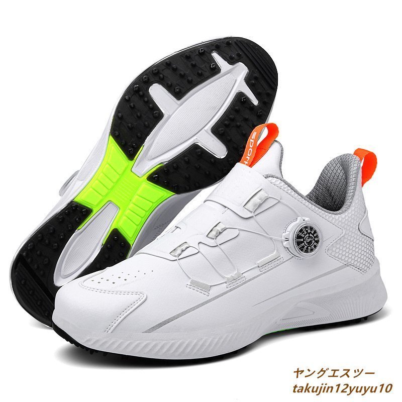 お歳暮ならオンライン 高級品*ゴルフシューズ 新品 ダイヤル式 運動靴 メンズ 幅広4E フィット感 軽量 牛革スポーツシューズ 防水 防滑 耐磨 弾力性 白系 27.0cm 27.0cm