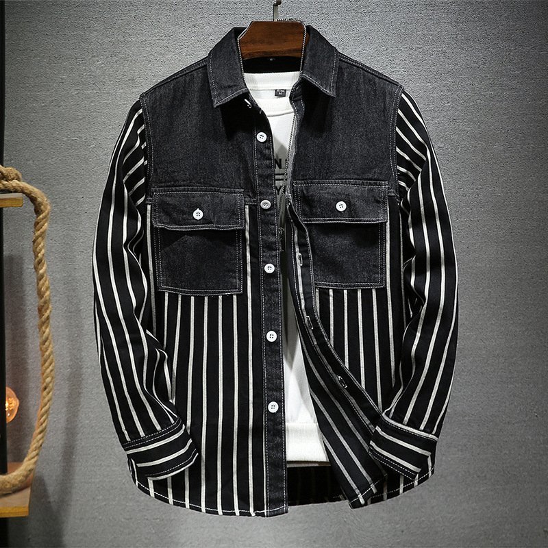 デニムジャケット 新品 メンズ ジージャン ストライプ 折り襟 シャツ 紳士 トップス ウォッシュ カジュアル 黒 M~2XLサイズ_画像1