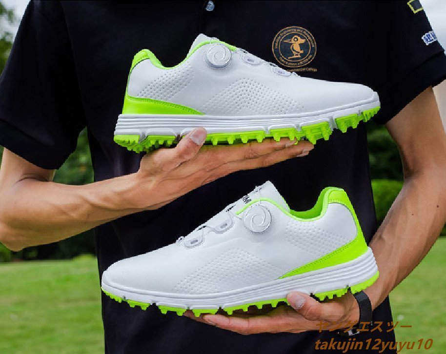 新品セール■ゴルフシューズ メンズ スニーカー ダイヤル Golf shoes ソフトスパイク靴 ワイドスポーツシューズ 防水防滑耐磨 白/緑 24.5cm_画像1