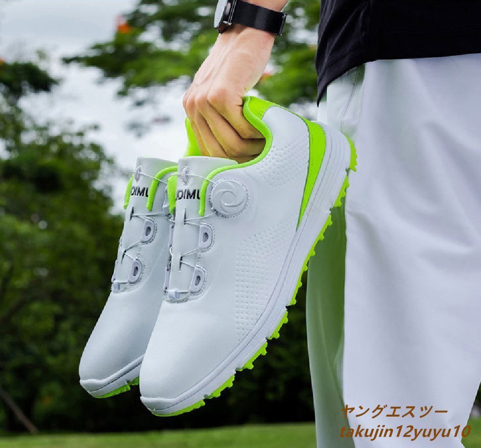 新品セール■ゴルフシューズ メンズ スニーカー ダイヤル Golf shoes ソフトスパイク靴 ワイドスポーツシューズ 防水防滑耐磨 白/緑 24.5cm_画像2