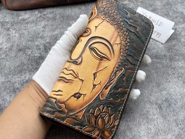 感謝価格】 彫刻カービング 仏魔一念本革 立体感 長財布 財布 男性用