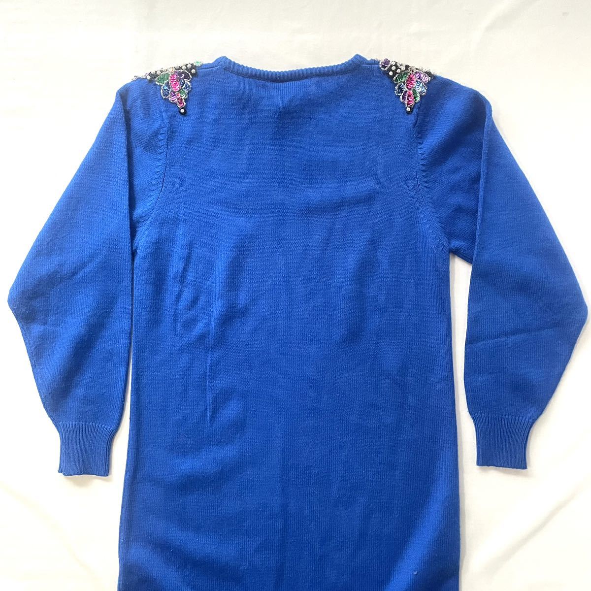 80s vintage スパンコールビーズ装飾付 ブルー ニットワンピース 長袖 _画像6