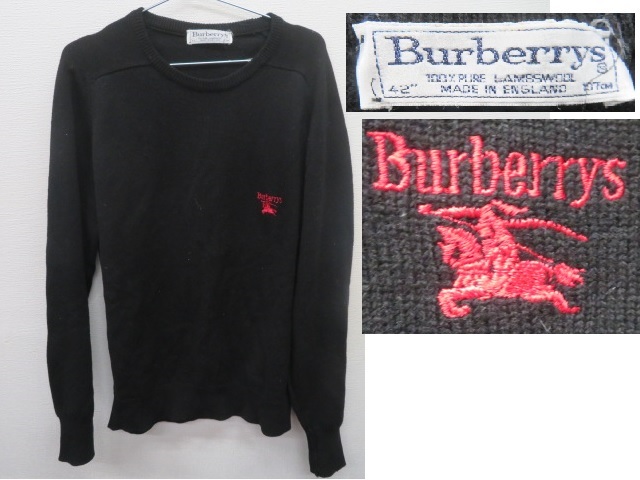 英国製80s90s　Burberrys バーバリー　長袖セーター ニット ラムウール　ロゴ刺繍 　ブラック黒 42　MADE　IN　ENGLAND　UK