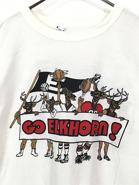 古着 80s USA製 Champion 「GO ELKHORN !」 両面 カレッジ 100%コットン 長袖 Tシャツ ロンT L 古着_画像2