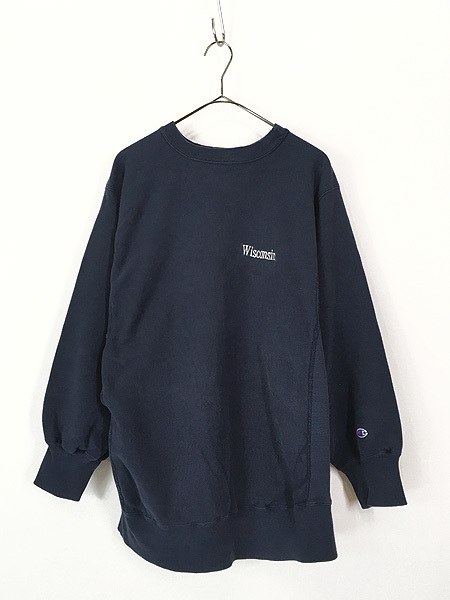 古着 80s USA製 Champion Reverse Weave 「WISCONSIN」 刺しゅう リバース スウェット 紺 XL 古着