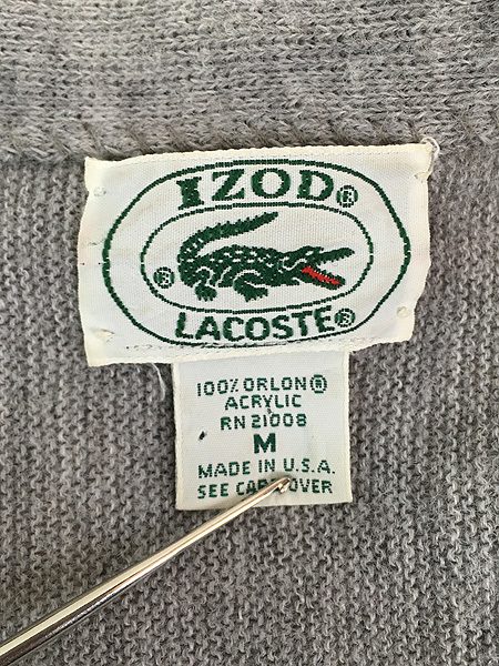 古着 80s USA製 IZOD LACOSTE ワニ パッチ アクリル ニット カーディガン グレー M 古着_画像6