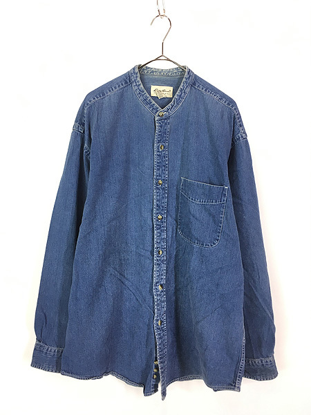 古着 90s Eddie Bauer 丸ポケット ノーカラー ブルー デニム シャツ L_画像1