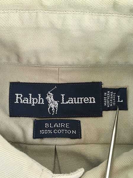 古着 90s Ralph Lauren 「BLAIRE」 ワンポイント ソリッド コットンツイル BD シャツ カーキ L 古着_画像7