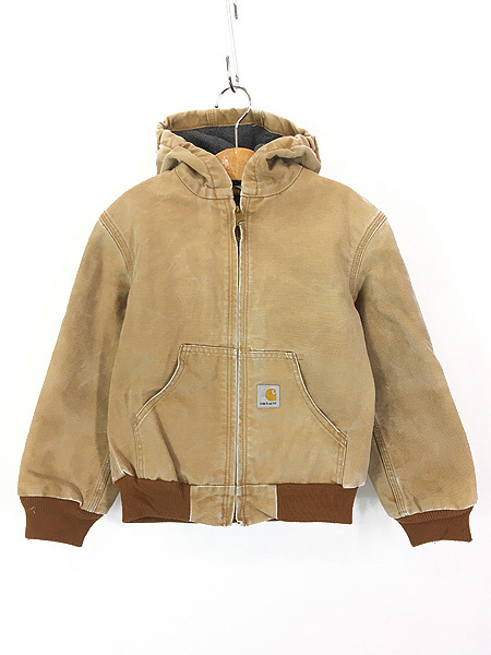 キッズ 古着 Carhartt 防寒 裏地キルティング ブラウン ダック ワーク アクティブ パーカー M 8歳位 古着_画像1