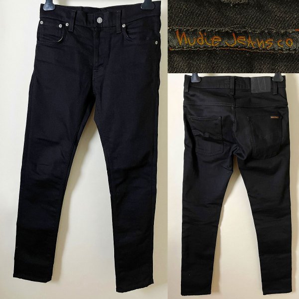 【美品 定価23,100円 正規品】NudieJeans ヌーディージーンズ THIN FINN シンフィン Dry Ever Black ストレッチ ブラックデニムパンツ W30