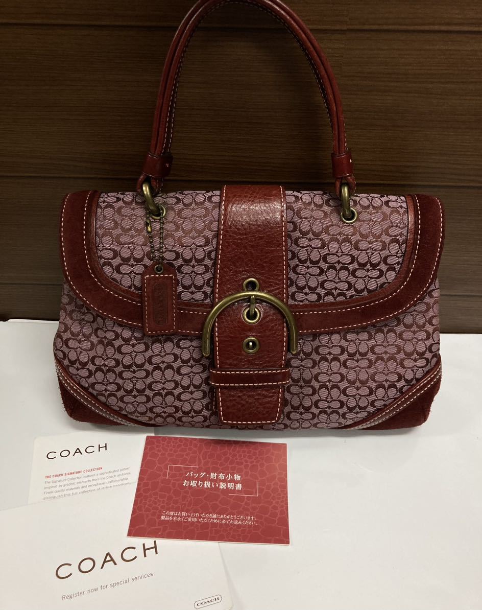 美品 ♪ COACH コーチ ♪ ハンドバッグ ワンショルダー ミニシグネチャー ワインレッド えんじ キャンバス×レザー スエード_画像1