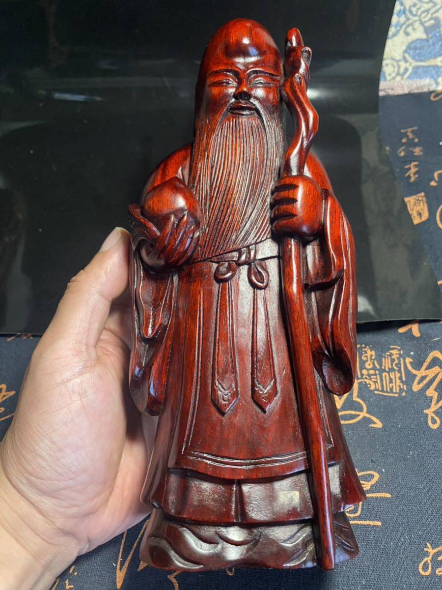 既決　中国古美術　唐木　高級木彫 七福神　寿老人　高級檀木　紅木　縁起物 置物 アンティーク レトロ　高24cm