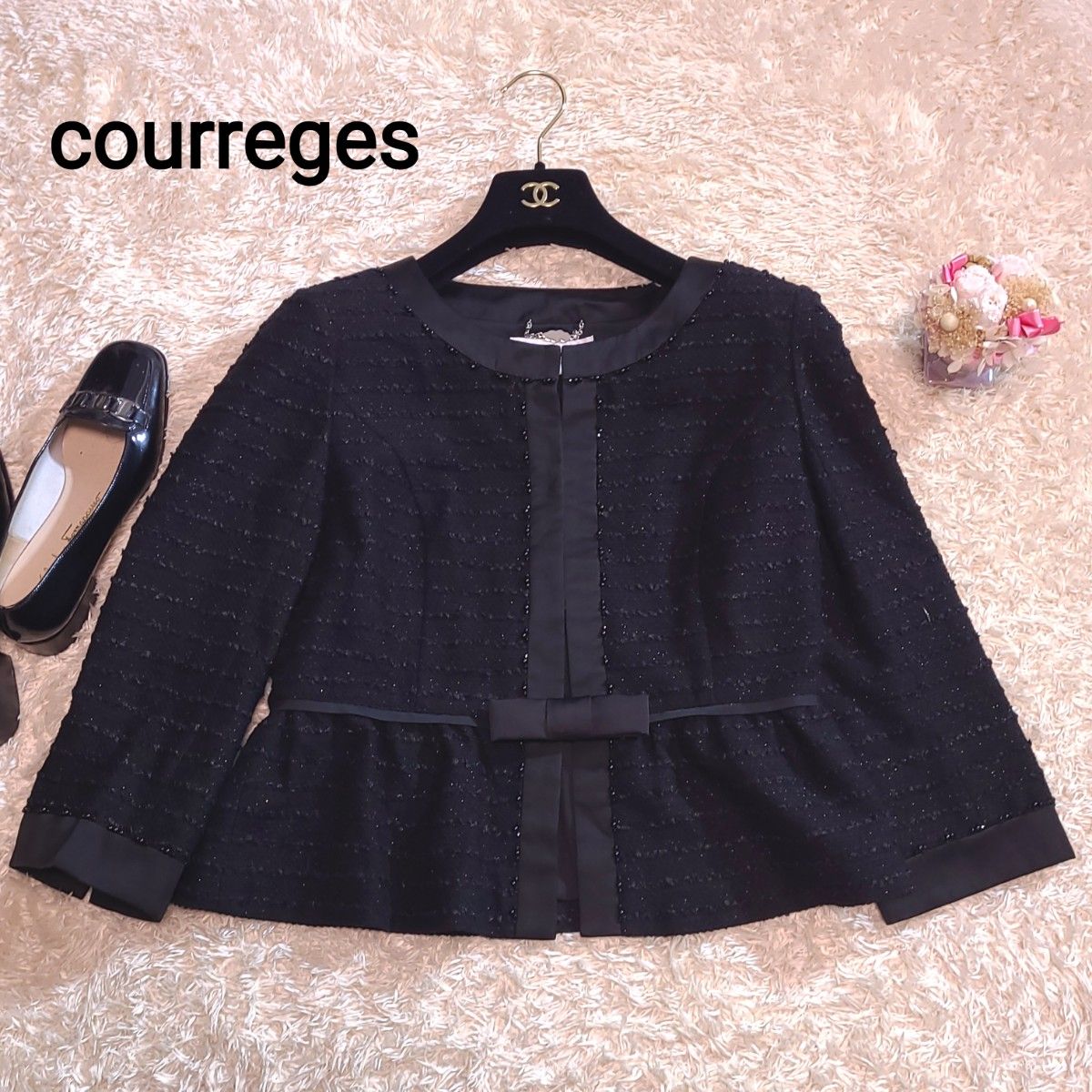 クレージュ courreges ノーカラー ツイード フレアジャケット 7部袖 黒 ブラック 38 Mサイズ 極美品