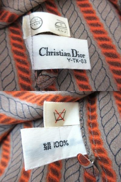 Christian Dior/クリスチャン・ディオール：シルク バンドカラー 長袖ブラウス ストライプ 総柄 シャツ ヴィンテージ M レディース/中古_画像8