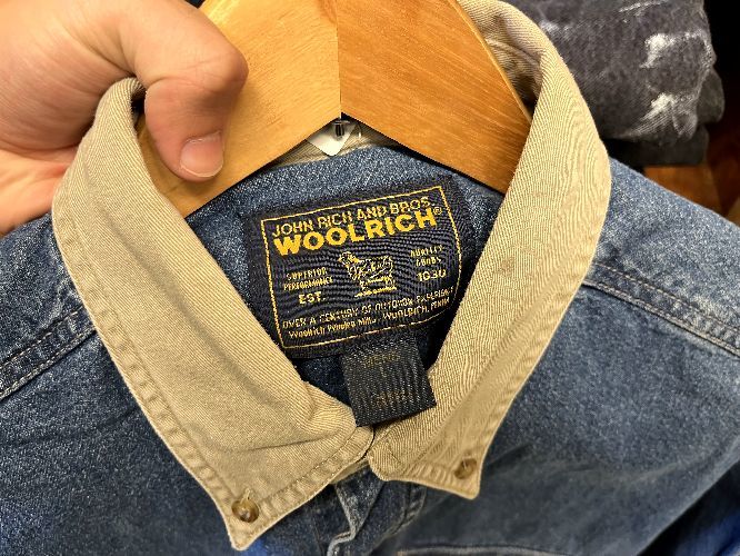 グッドカラー90sビンテージWOOLRICHウールリッチ長袖ボタンダウンデニムシャツLインディゴブルー100綿アメカジアウトドアストリートh23434_画像5