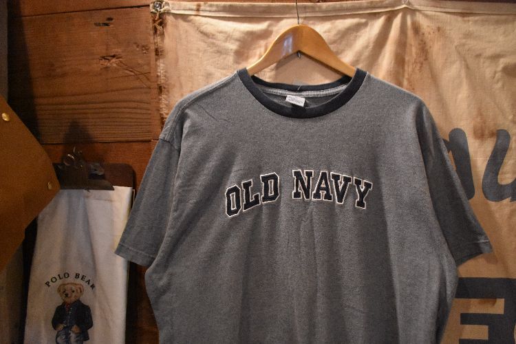 グッドプリント◎90ビンテージOLD NAVYオールドネイビー半袖ロゴプリントTシャツXL灰色グレー×紺ネイビー綿100アメカジストリートn23874_画像1