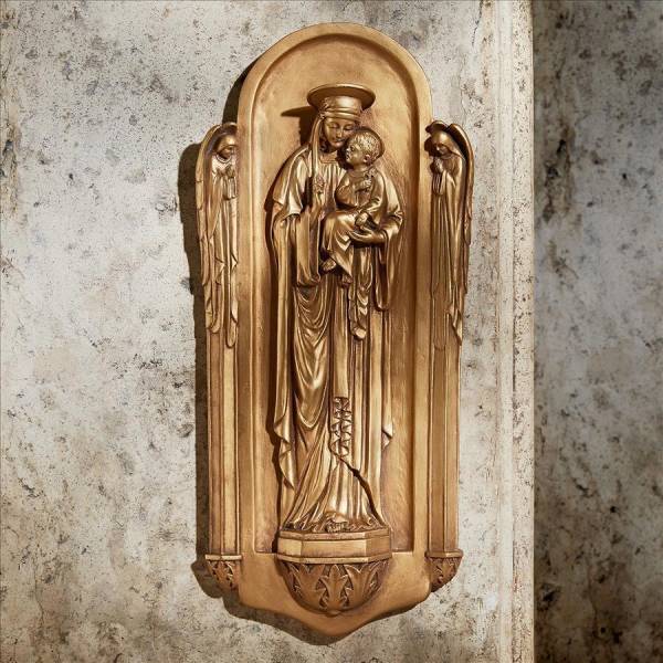 聖母子と天使の壁掛け ゴールド彫刻宗教美術置物聖母マリアと天使洋風西洋イエスキリスト教会オブジェアクセント壁飾りキリスト教