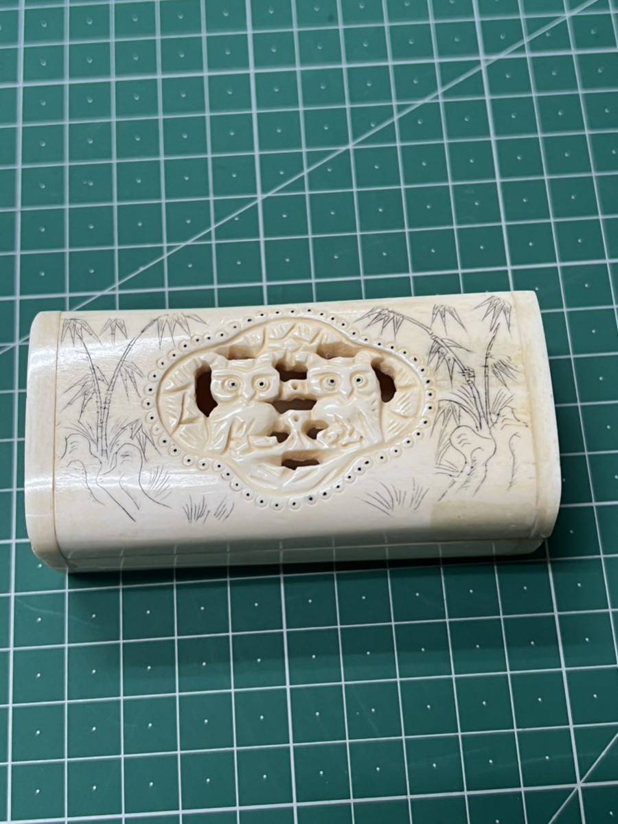 象牙風 印鑑ケース フクロウ彫り-